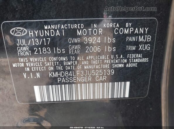 KMHD84LF3JU525139 2018 HYUNDAI ELANTRA Black Widok komory silnika
