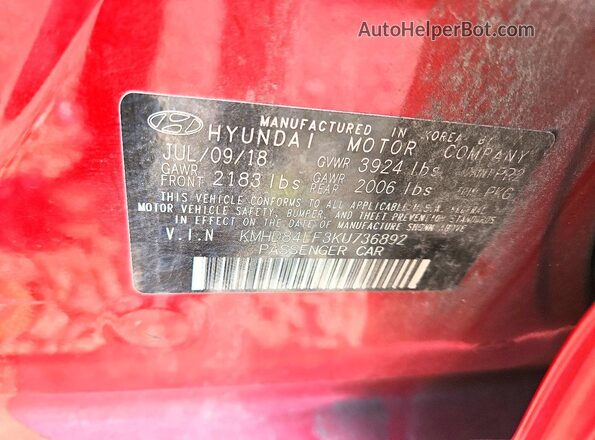 KMHD84LF3KU736892 2019 HYUNDAI ELANTRA Red Widok naklejki z numerem VIN