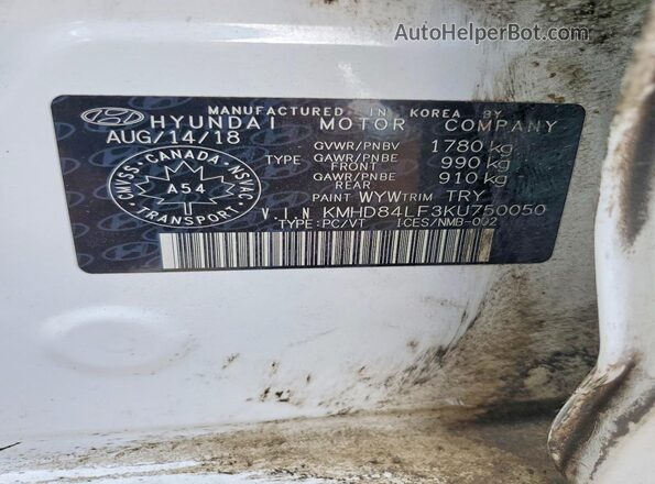 KMHD84LF3KU750050 2019 HYUNDAI ELANTRA Белый Вид наклейки с VIN-кодом