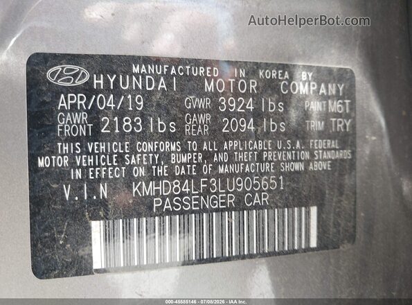 KMHD84LF3LU905651 2020 HYUNDAI ELANTRA Серый Вид подкапотного пространства