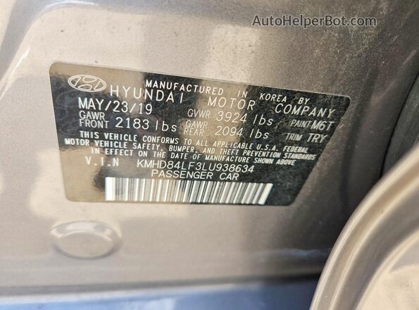 KMHD84LF3LU938634 2020 HYUNDAI ELANTRA Silver VIN կոդի պիտակի տեսք