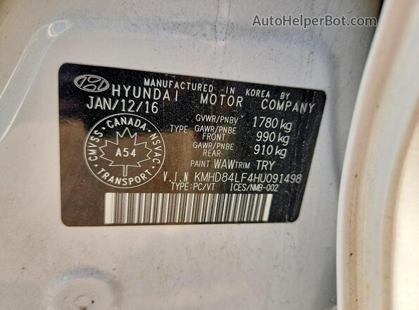 KMHD84LF4HU091498 2017 HYUNDAI ELANTRA White VIN sticker view