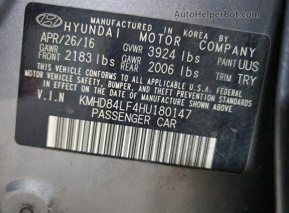 KMHD84LF4HU180147 2017 HYUNDAI ELANTRA Gray ძრავის განყოფილების ხედი