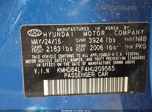 KMHD84LF4HU209565 2017 HYUNDAI ELANTRA Синий Вид подкапотного пространства