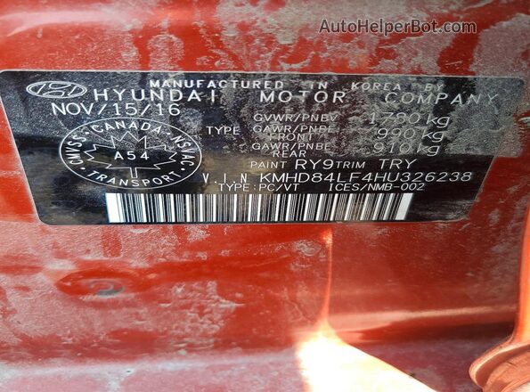 KMHD84LF4HU326238 2017 HYUNDAI ELANTRA Orange VIN կոդի պիտակի տեսք