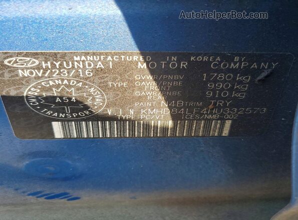 KMHD84LF4HU332573 2017 HYUNDAI ELANTRA Blue Engine compartment view