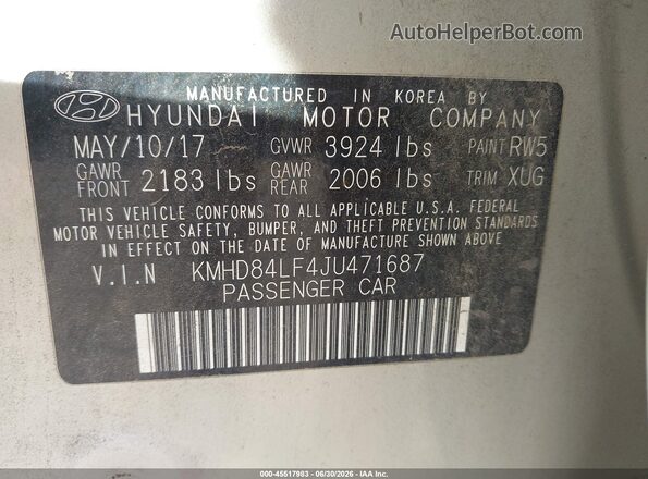 KMHD84LF4JU471687 2018 HYUNDAI ELANTRA Бежевый Вид подкапотного пространства