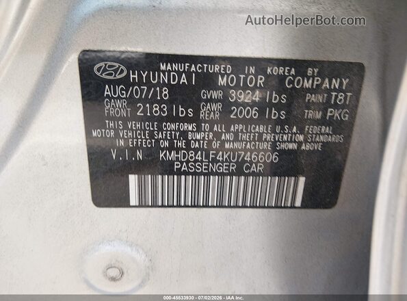 KMHD84LF4KU746606 2019 HYUNDAI ELANTRA Silver Vista del compartimento del motor
