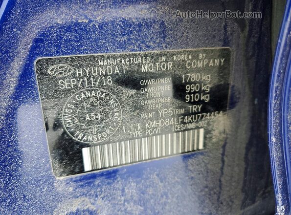 KMHD84LF4KU774454 2019 HYUNDAI ELANTRA Blue Շարժիչի բաժամունքի տեսք