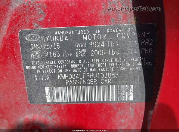 KMHD84LF5HU103853 2017 HYUNDAI ELANTRA Red ძრავის განყოფილების ხედი