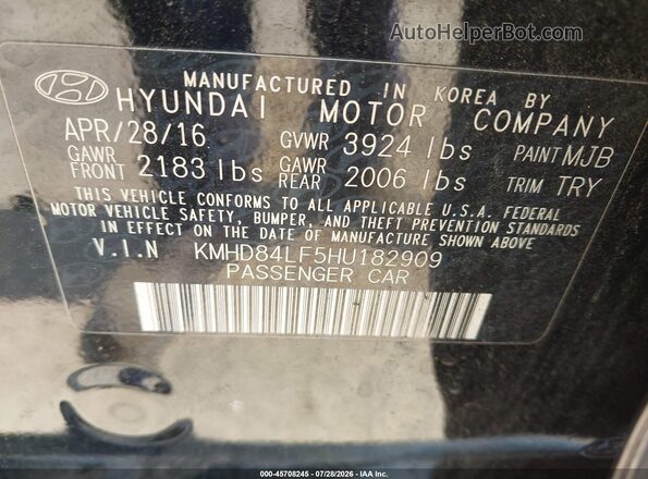 KMHD84LF5HU182909 2017 HYUNDAI ELANTRA Black Շարժիչի բաժամունքի տեսք