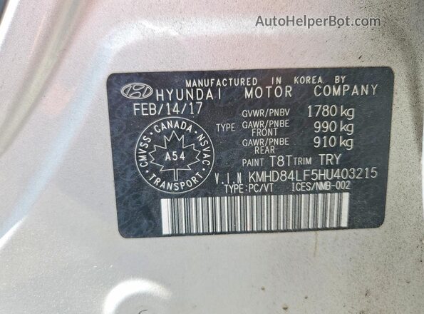 KMHD84LF5HU403215 2017 HYUNDAI ELANTRA Silver Vista del compartimento del motor