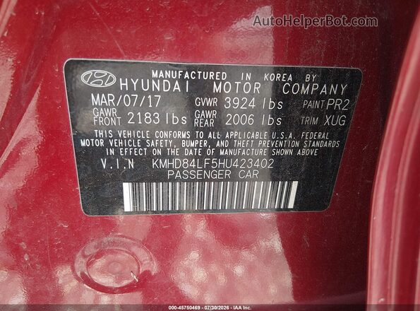 KMHD84LF5HU423402 2017 HYUNDAI ELANTRA Red Widok komory silnika