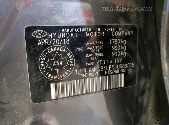 KMHD84LF5JU689315 2018 HYUNDAI ELANTRA Gray Շարժիչի բաժամունքի տեսք