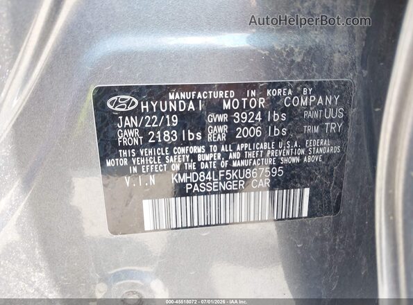 KMHD84LF5KU867595 2019 HYUNDAI ELANTRA Silver Շարժիչի բաժամունքի տեսք