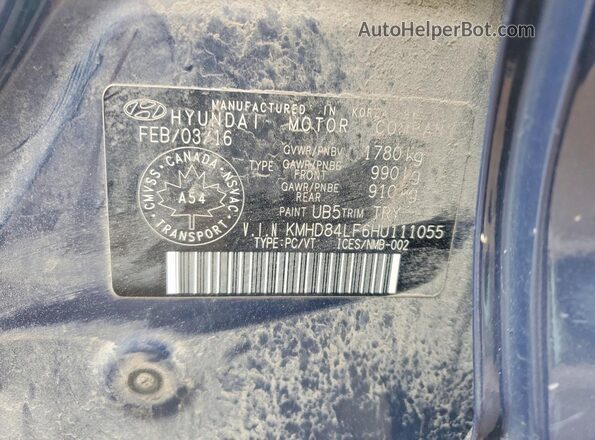 KMHD84LF6HU111055 2017 HYUNDAI ELANTRA Blue VIN კოდის სტიკერის ხედი