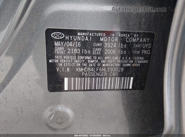 KMHD84LF6HU193028 2017 HYUNDAI ELANTRA Gray Widok komory silnika