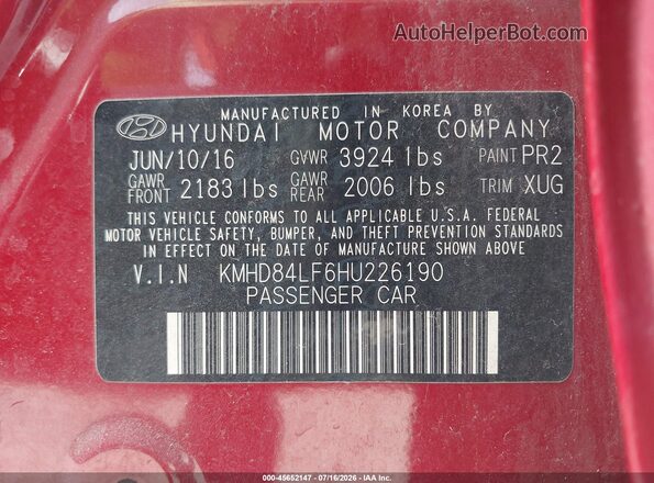 KMHD84LF6HU226190 2017 HYUNDAI ELANTRA Red Вид підкапотного простору