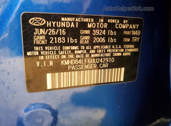 KMHD84LF6HU242910 2017 HYUNDAI ELANTRA Blue Engine compartment view