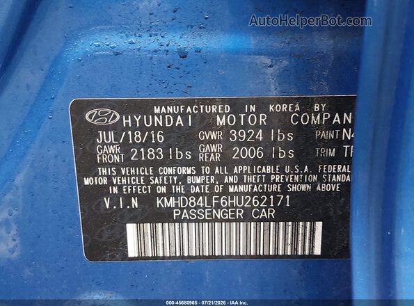 KMHD84LF6HU262171 2017 HYUNDAI ELANTRA Blue Engine compartment view