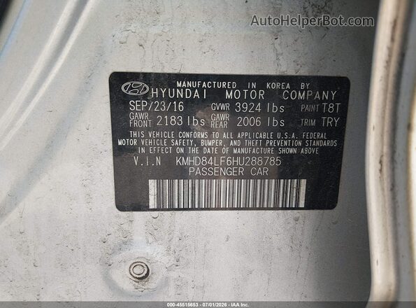KMHD84LF6HU288785 2017 HYUNDAI ELANTRA Silver Vista del compartimento del motor