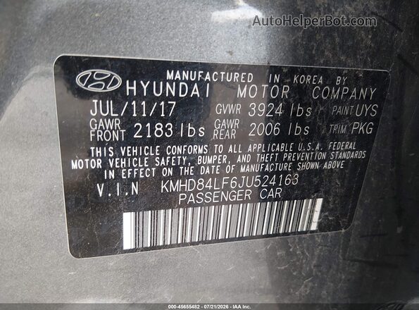 KMHD84LF6JU524163 2018 HYUNDAI ELANTRA Gray Widok komory silnika