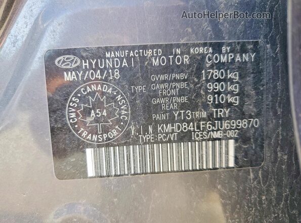KMHD84LF6JU699870 2018 HYUNDAI ELANTRA Gray Widok komory silnika