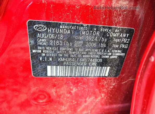 KMHD84LF6KU744808 2019 HYUNDAI ELANTRA Red VIN კოდის სტიკერის ხედი