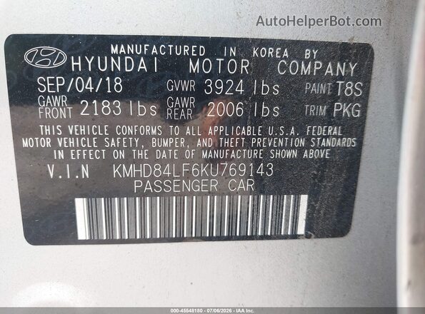 KMHD84LF6KU769143 2019 HYUNDAI ELANTRA Silver Вид підкапотного простору