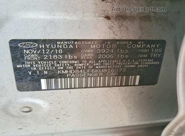 KMHD84LF6KU816073 2019 HYUNDAI ELANTRA Silver Vista de la etiqueta del VIN