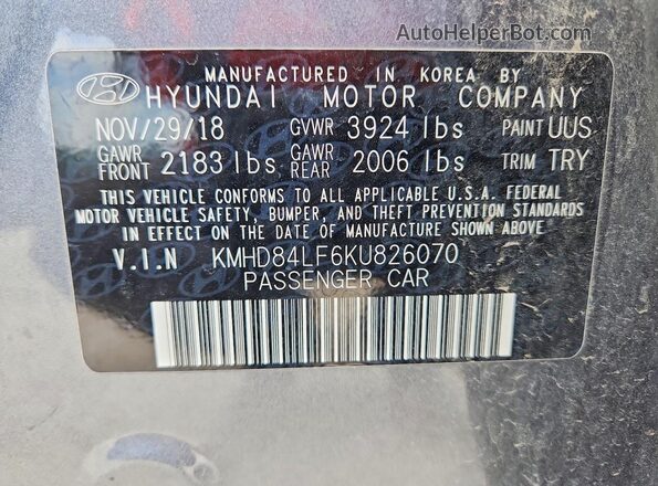 KMHD84LF6KU826070 2019 HYUNDAI ELANTRA Gray Vista del compartimento del motor