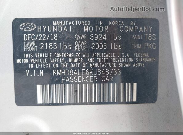 KMHD84LF6KU848733 2019 HYUNDAI ELANTRA Silver Вид підкапотного простору
