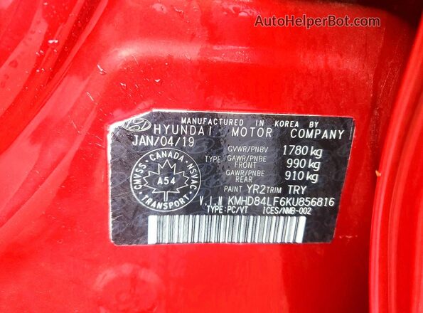 KMHD84LF6KU856816 2019 HYUNDAI ELANTRA Red Widok komory silnika