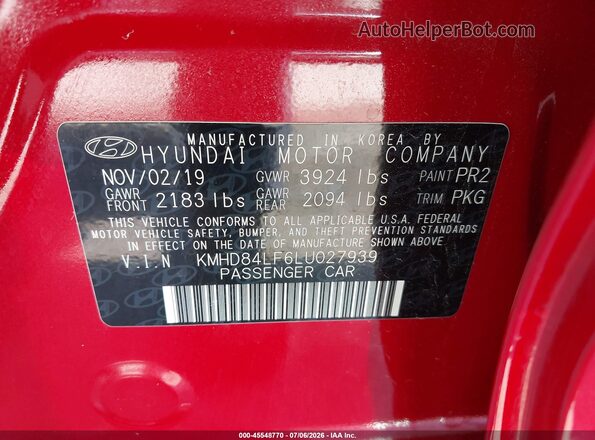 KMHD84LF6LU027939 2020 HYUNDAI ELANTRA Red Widok komory silnika