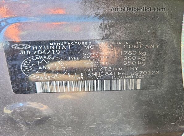 KMHD84LF6LU970123 2020 HYUNDAI ELANTRA Gray VIN კოდის სტიკერის ხედი
