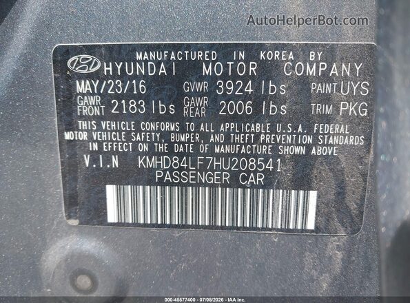 KMHD84LF7HU208541 2017 HYUNDAI ELANTRA Gray Widok komory silnika
