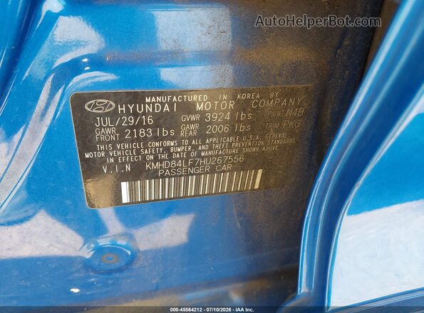 KMHD84LF7HU267556 2017 HYUNDAI ELANTRA Синий Вид подкапотного пространства
