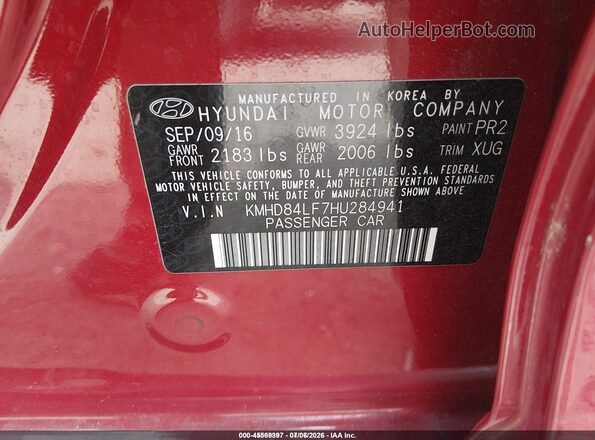 KMHD84LF7HU284941 2017 HYUNDAI ELANTRA Red Engine compartment view