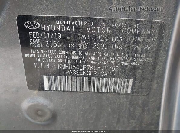 KMHD84LF7KU876752 2019 HYUNDAI ELANTRA Silver Vista del compartimento del motor