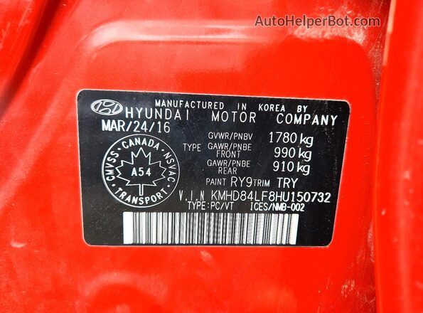 KMHD84LF8HU150732 2017 HYUNDAI ELANTRA Orange VIN კოდის სტიკერის ხედი