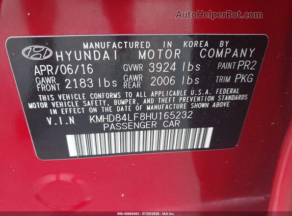 KMHD84LF8HU165232 2017 HYUNDAI ELANTRA Красный Вид подкапотного пространства