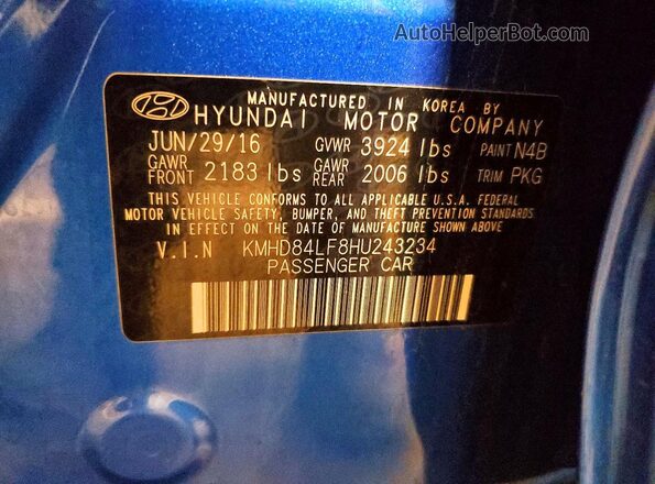 KMHD84LF8HU243234 2017 HYUNDAI ELANTRA Blue Vista de la etiqueta del VIN