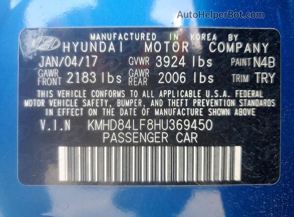 KMHD84LF8HU369450 2017 HYUNDAI ELANTRA Blue Widok komory silnika