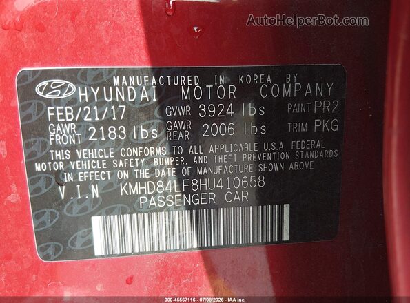 KMHD84LF8HU410658 2017 HYUNDAI ELANTRA Красный Вид подкапотного пространства