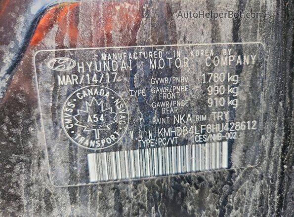KMHD84LF8HU428612 2017 HYUNDAI ELANTRA Black VIN կոդի պիտակի տեսք