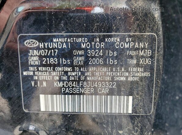 KMHD84LF8JU493322 2018 HYUNDAI ELANTRA Black VIN կոդի պիտակի տեսք
