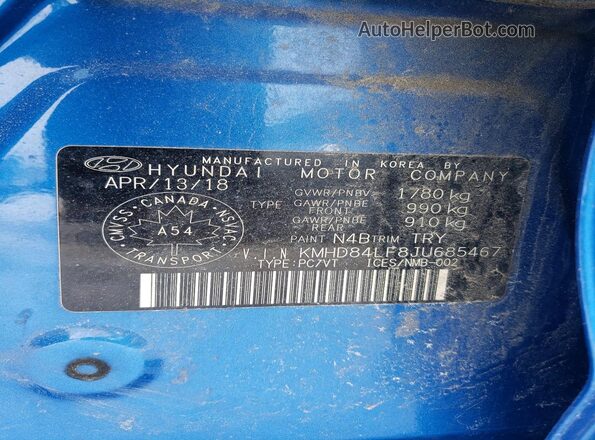 KMHD84LF8JU685467 2018 HYUNDAI ELANTRA Blue Vista del compartimento del motor