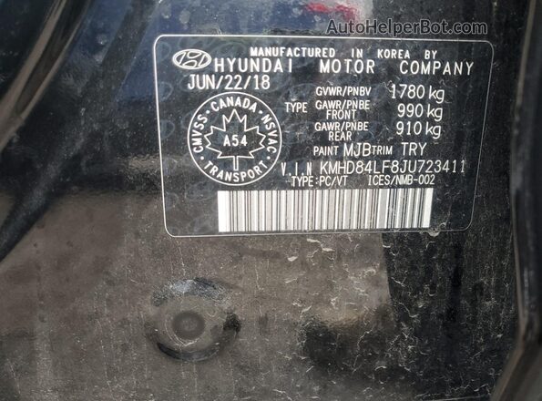 KMHD84LF8JU723411 2018 HYUNDAI ELANTRA Black VIN կոդի պիտակի տեսք
