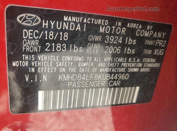 KMHD84LF8KU844960 2019 HYUNDAI ELANTRA Red Вид підкапотного простору
