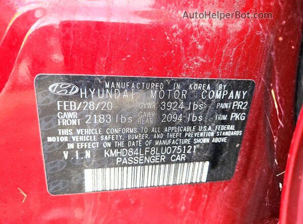 KMHD84LF8LU075121 2020 HYUNDAI ELANTRA Red ძრავის განყოფილების ხედი